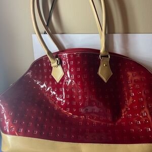 Arcadia Two Tone Red Patent Leather Handbag With Dual Beige Handles
